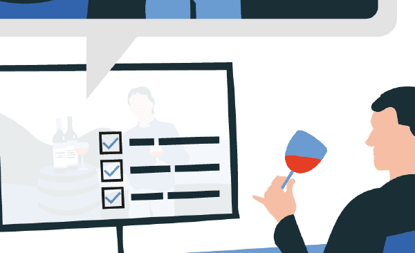 Illustration moderne d'une visioconférence sur le vin, conçue par l'agence de branding Comhit à Paris.